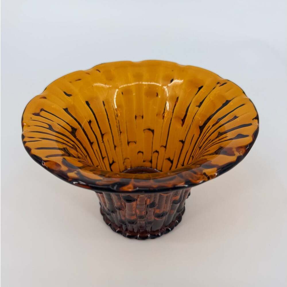 Vintage Italian Amber Art Glass Vase Scalloped Fluted Rim Mid-Century Mod